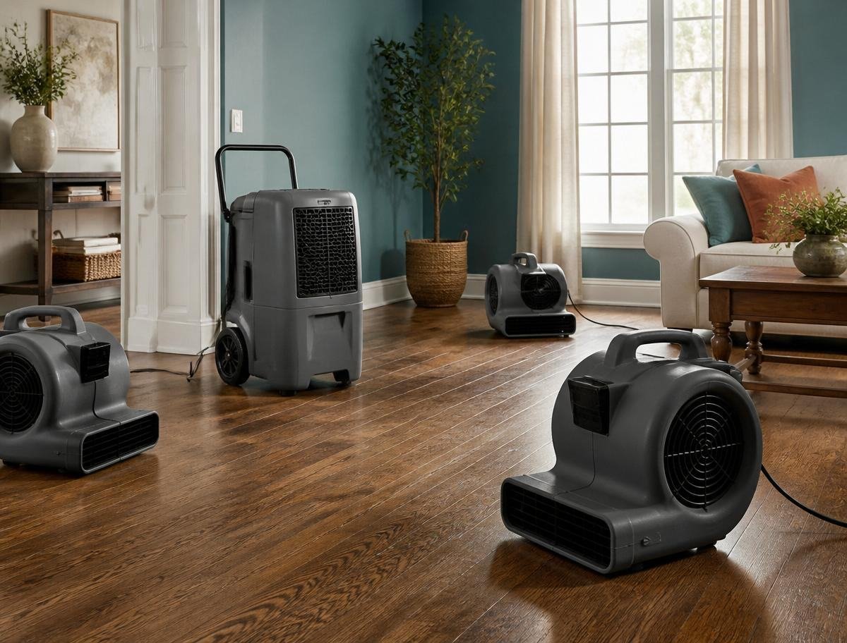 Professional drying setup with LGR dehumidifier and high-velocity air movers in a cleared residential room