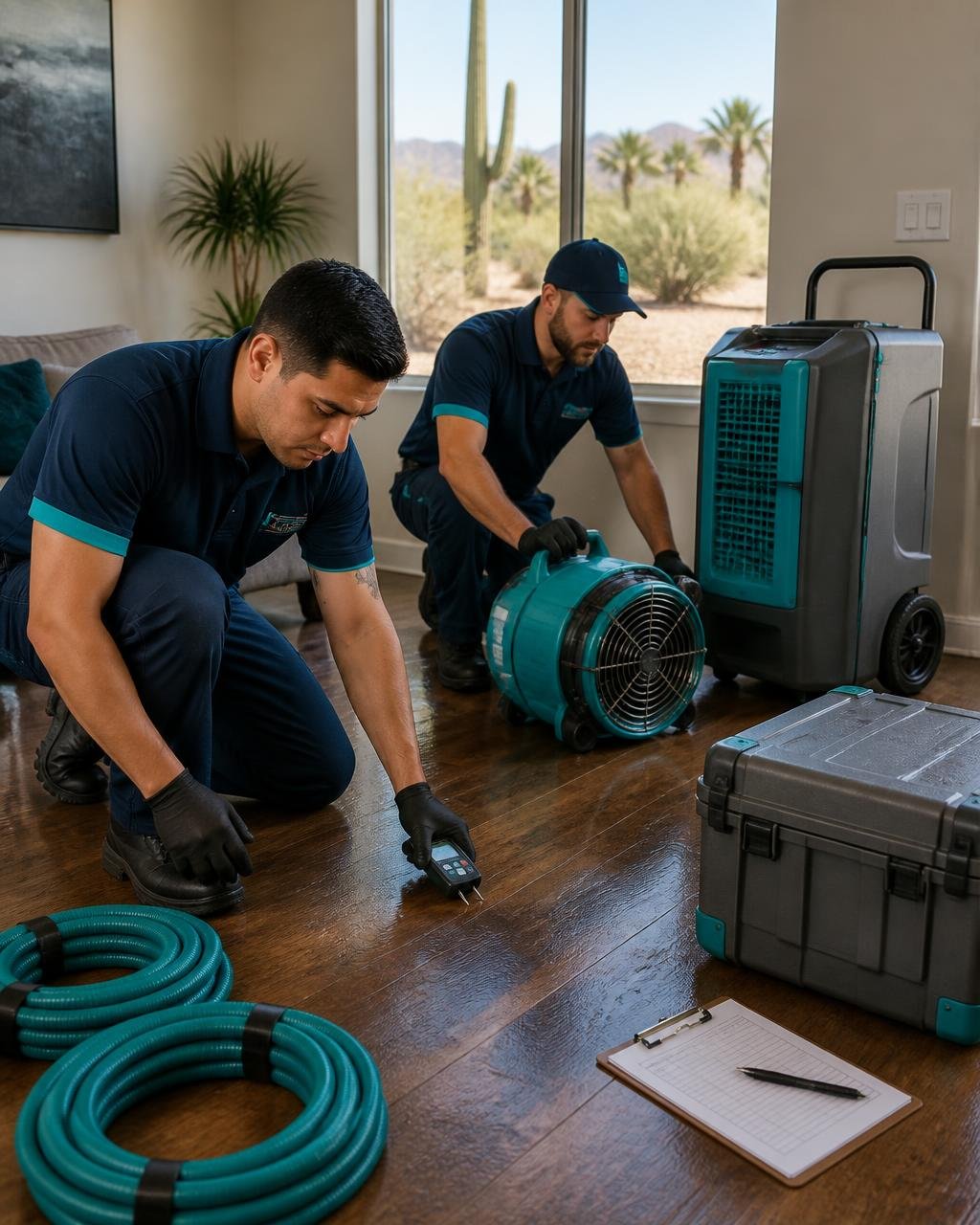 Two IICRC-certified AZ Water Damage Restoration technicians taking a moisture reading and setting up drying equipment inside a Phoenix home