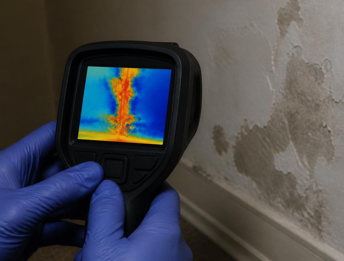 Technician using a FLIR thermal camera to detect moisture patterns behind a residential wall